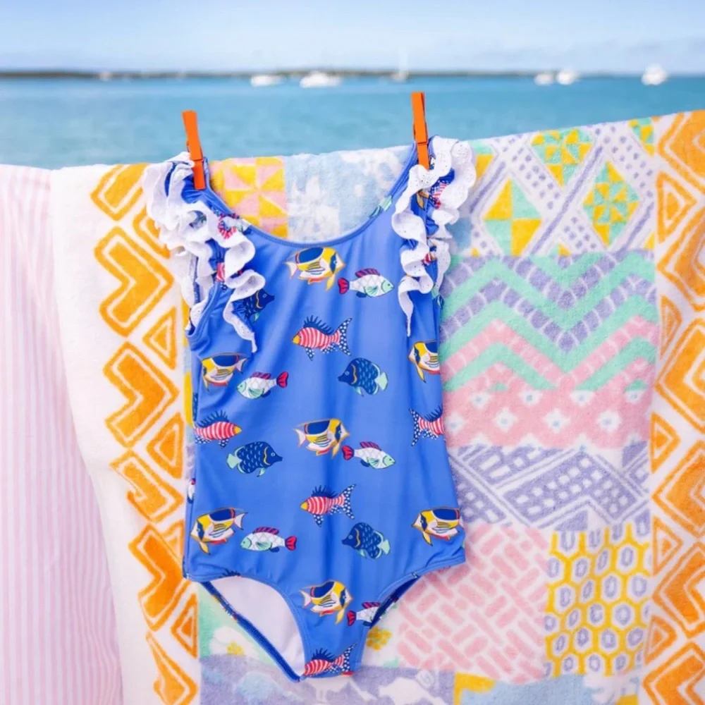 Beaufort Bonnet Ruehling Ruffle Bathing Suit Here Fishy Fishy Girl’s 3T or 8